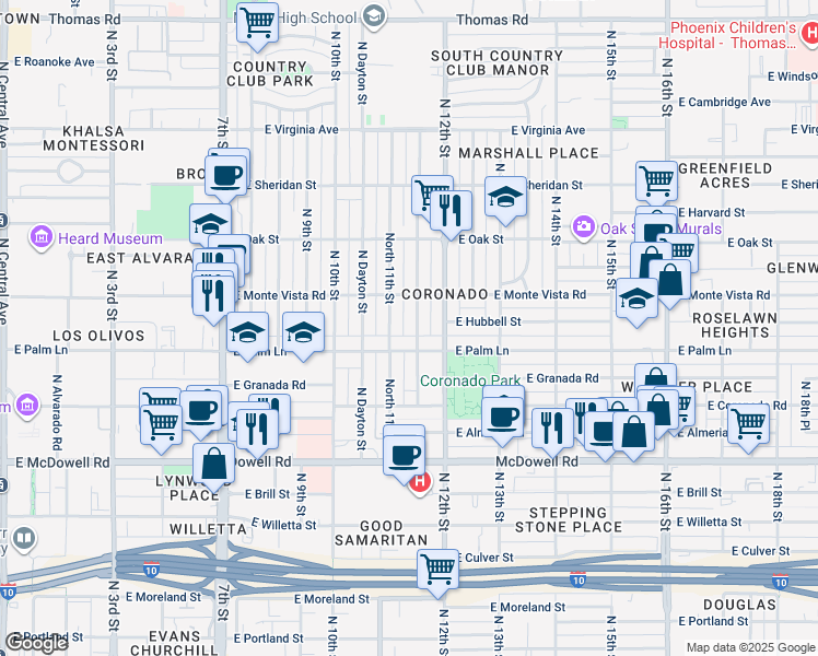 map of restaurants, bars, coffee shops, grocery stores, and more near 1118 East Palm Lane in Phoenix