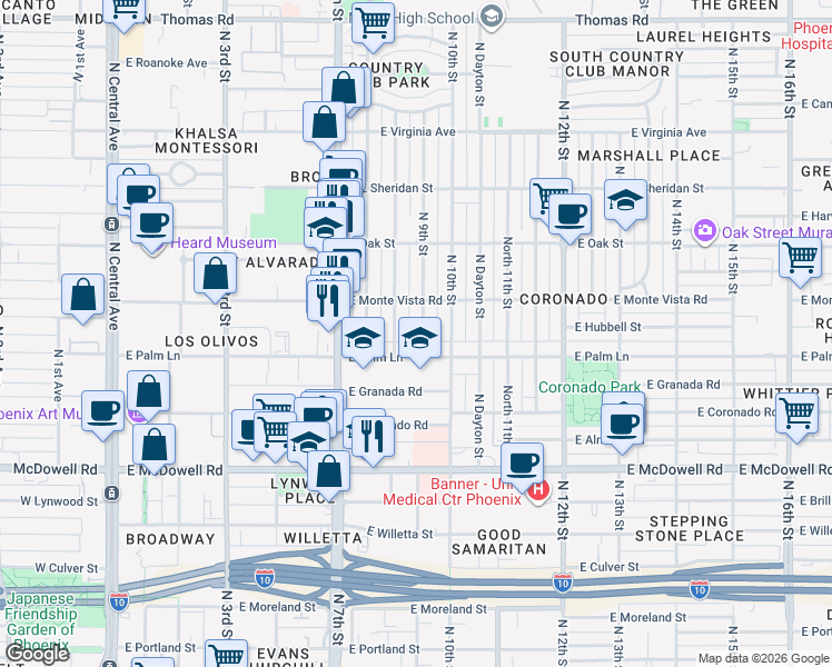 map of restaurants, bars, coffee shops, grocery stores, and more near 842 East Palm Lane in Phoenix