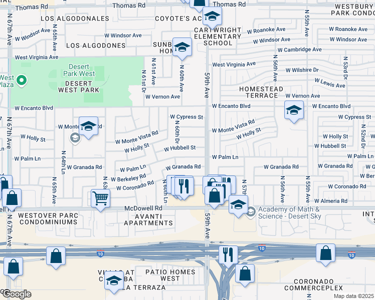 map of restaurants, bars, coffee shops, grocery stores, and more near 5935 West Palm Lane in Phoenix