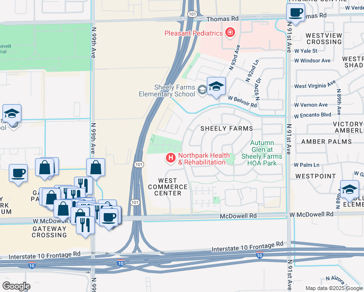 map of restaurants, bars, coffee shops, grocery stores, and more near 9444 West Hubbell Street in Phoenix