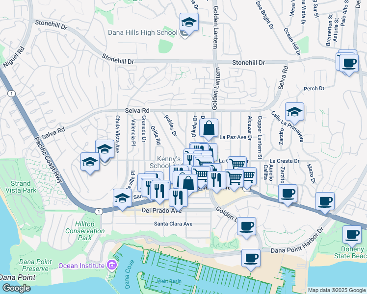 map of restaurants, bars, coffee shops, grocery stores, and more near 33961 Street of the Violet Lantern in Dana Point