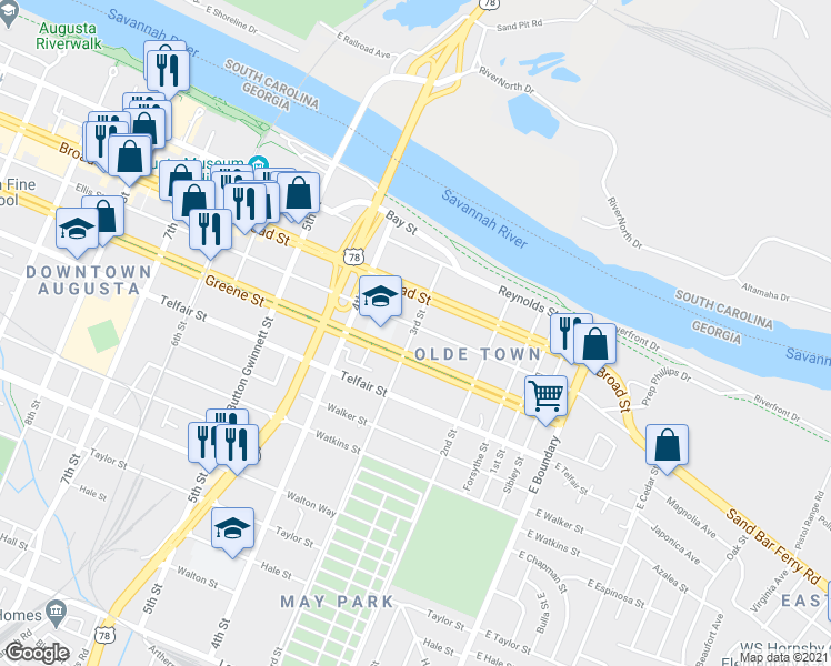 map of restaurants, bars, coffee shops, grocery stores, and more near 247 Greene Street in Augusta