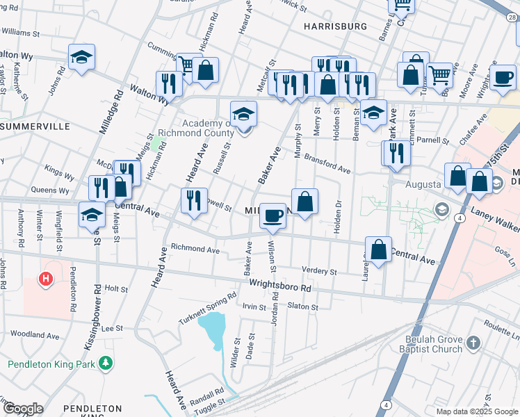 map of restaurants, bars, coffee shops, grocery stores, and more near 1902 McDowell Street in Augusta