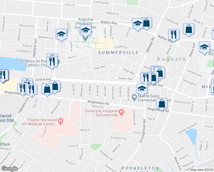map of restaurants, bars, coffee shops, grocery stores, and more near 1422 Johns Road in Augusta