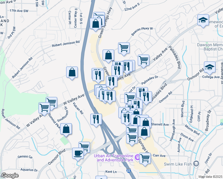 map of restaurants, bars, coffee shops, grocery stores, and more near 102 Green Springs Highway in Birmingham