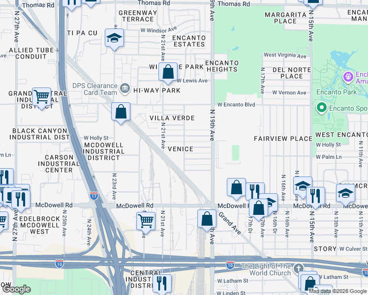 map of restaurants, bars, coffee shops, grocery stores, and more near 2020 North 20th Avenue in Phoenix