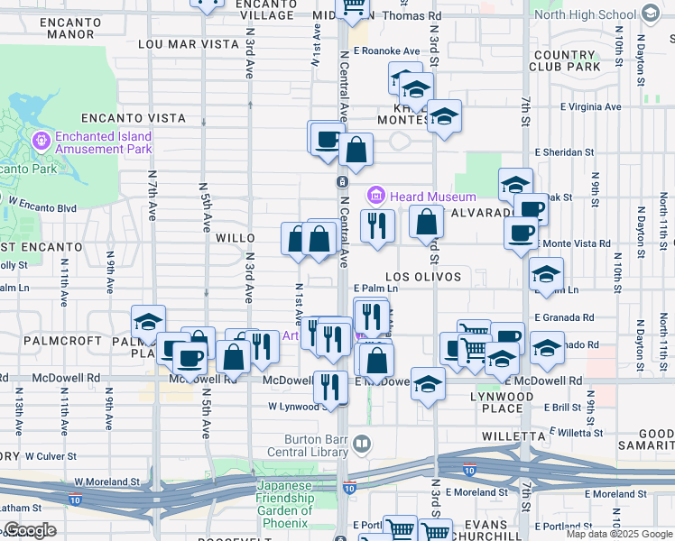 map of restaurants, bars, coffee shops, grocery stores, and more near 2020 North Central Avenue in Phoenix