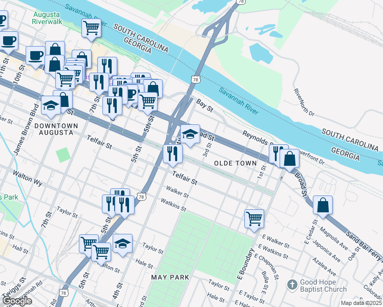 map of restaurants, bars, coffee shops, grocery stores, and more near 333 Greene Street in Augusta