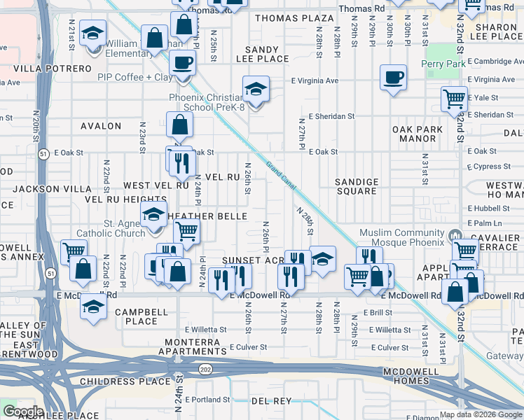 map of restaurants, bars, coffee shops, grocery stores, and more near 2032 North 26th Place in Phoenix