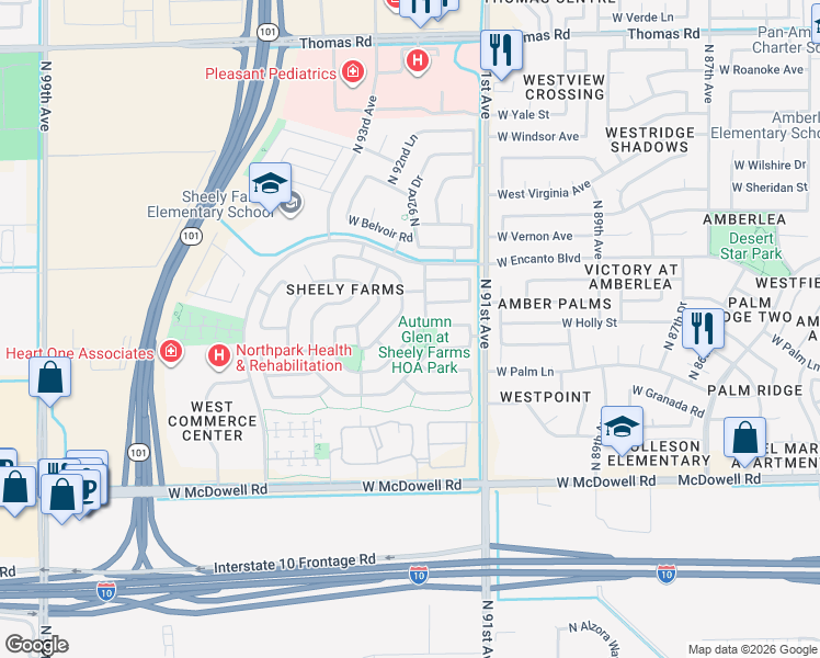 map of restaurants, bars, coffee shops, grocery stores, and more near 9210 West Milkweed Loop in Phoenix