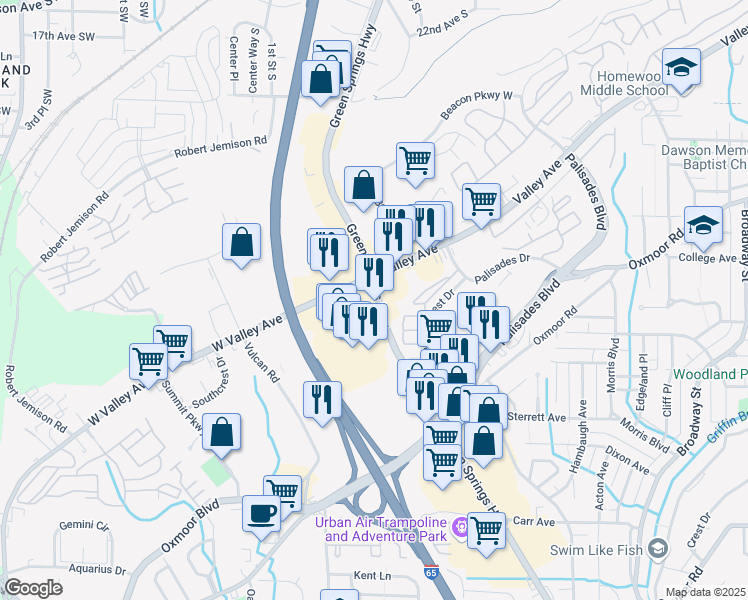 map of restaurants, bars, coffee shops, grocery stores, and more near 100 Green Springs Highway in Birmingham