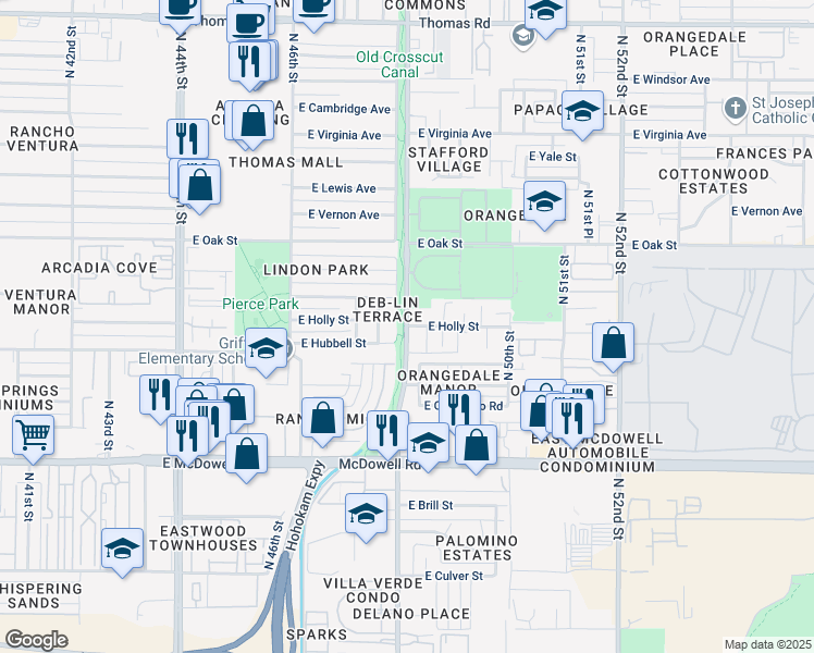 map of restaurants, bars, coffee shops, grocery stores, and more near N 48th St & E Holly St in Phoenix
