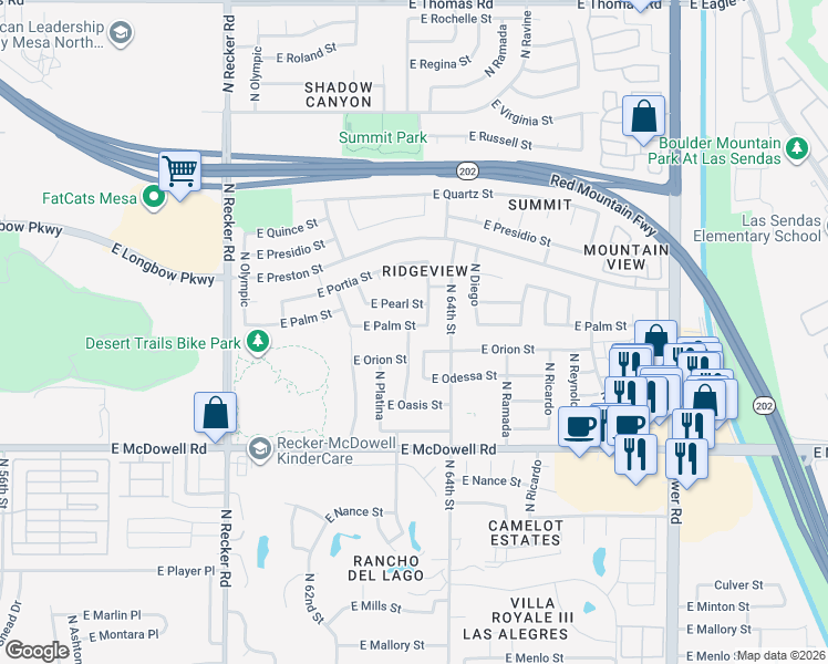 map of restaurants, bars, coffee shops, grocery stores, and more near 6321 East Palm Street in Mesa