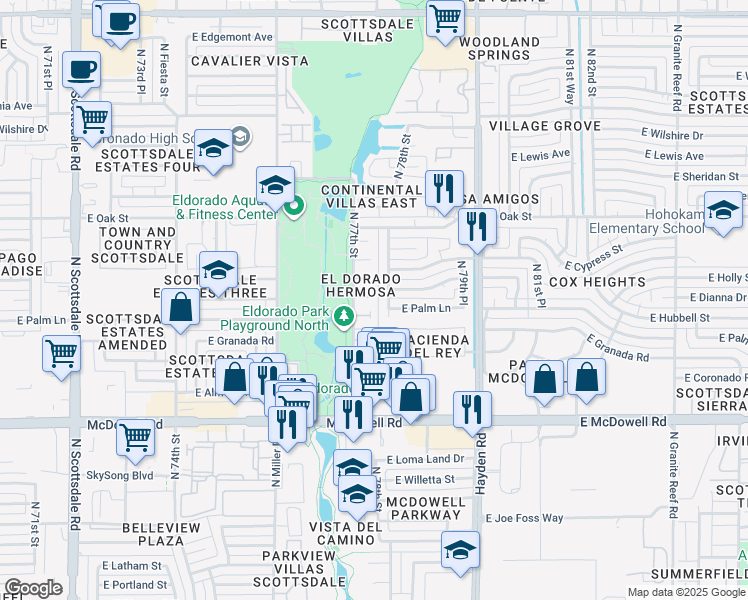 map of restaurants, bars, coffee shops, grocery stores, and more near 7733 East Palm Lane in Scottsdale