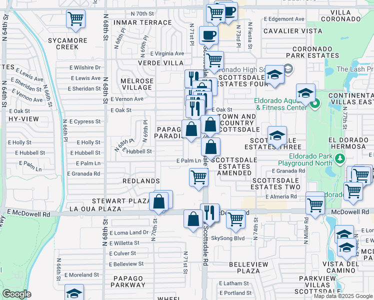 map of restaurants, bars, coffee shops, grocery stores, and more near 2001 North 71st Street in Scottsdale