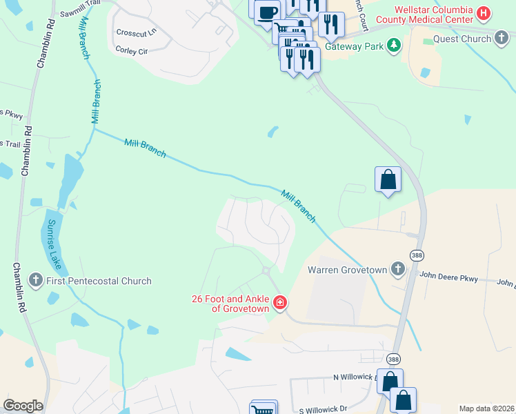 map of restaurants, bars, coffee shops, grocery stores, and more near 1271 Cobblefield Drive in Grovetown