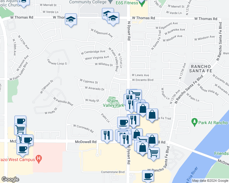 map of restaurants, bars, coffee shops, grocery stores, and more near 13191 West Alvarado Circle in Goodyear