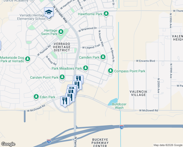 map of restaurants, bars, coffee shops, grocery stores, and more near 20547 West Carlton Manor in Buckeye