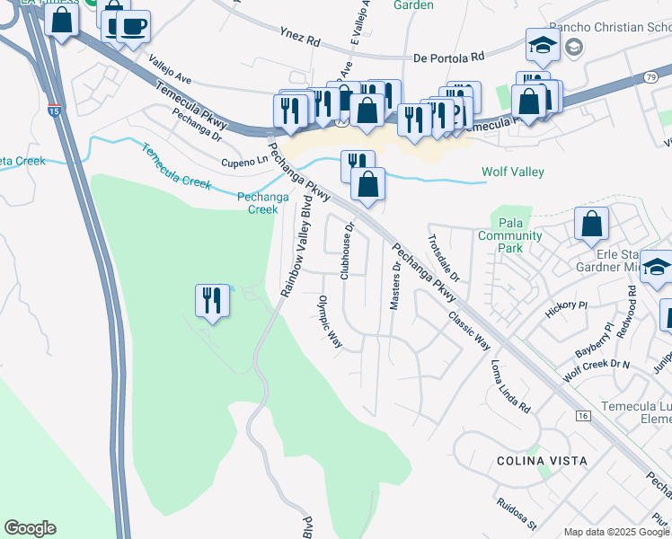 map of restaurants, bars, coffee shops, grocery stores, and more near 30600 Bayhill Drive in Temecula