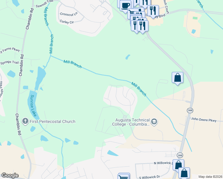 map of restaurants, bars, coffee shops, grocery stores, and more near 1271 Cobblefield Drive in Grovetown