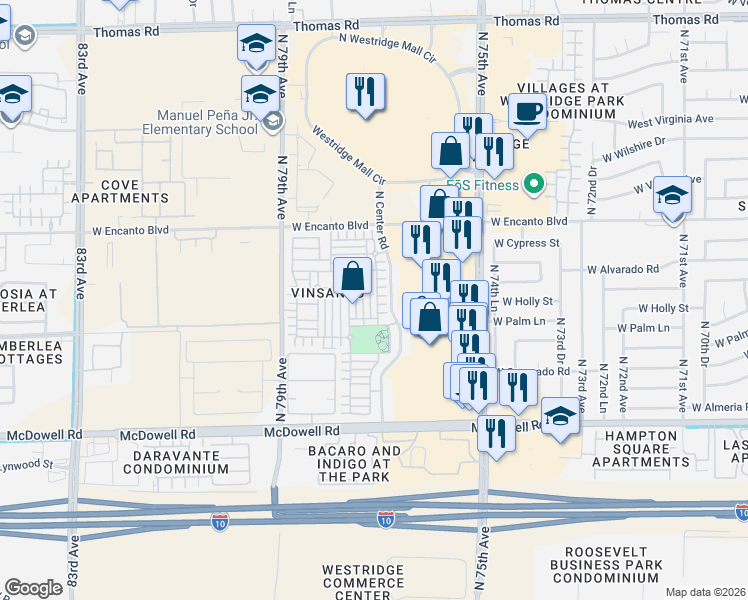 map of restaurants, bars, coffee shops, grocery stores, and more near 7730 West Palm Lane in Phoenix