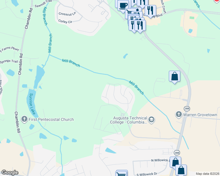 map of restaurants, bars, coffee shops, grocery stores, and more near 1271 Cobblefield Drive in Grovetown
