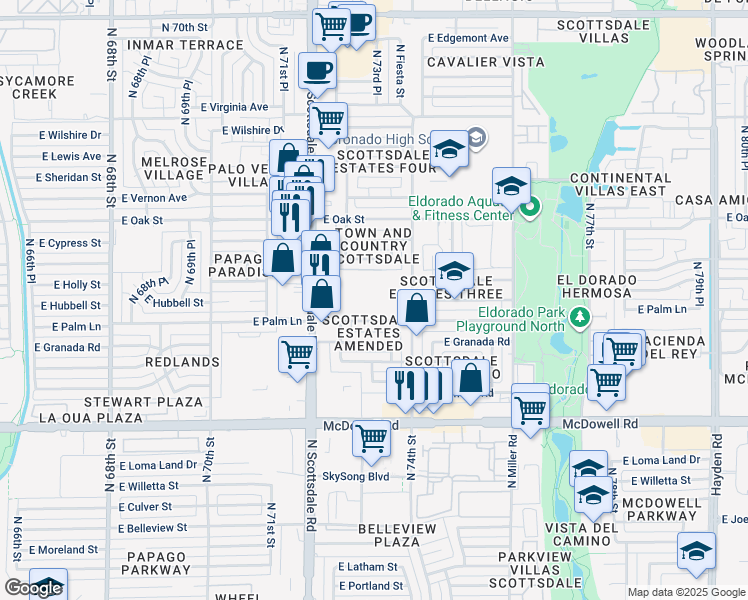 map of restaurants, bars, coffee shops, grocery stores, and more near 7310 East Palm Lane in Scottsdale