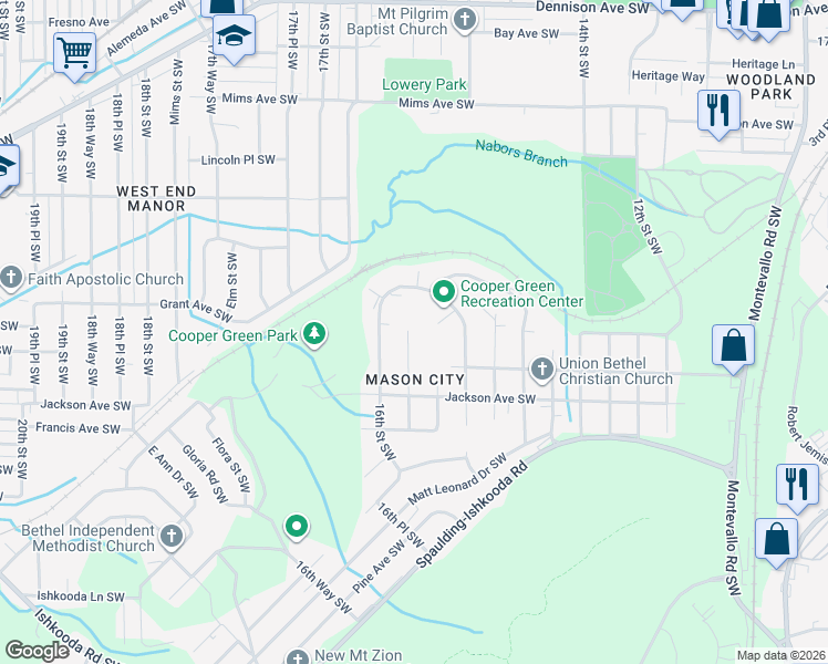 map of restaurants, bars, coffee shops, grocery stores, and more near 1825 15th Way Southwest in Birmingham