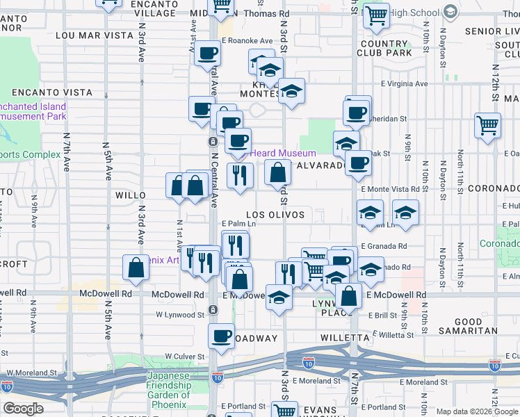 map of restaurants, bars, coffee shops, grocery stores, and more near 105 East Palm Lane in Phoenix