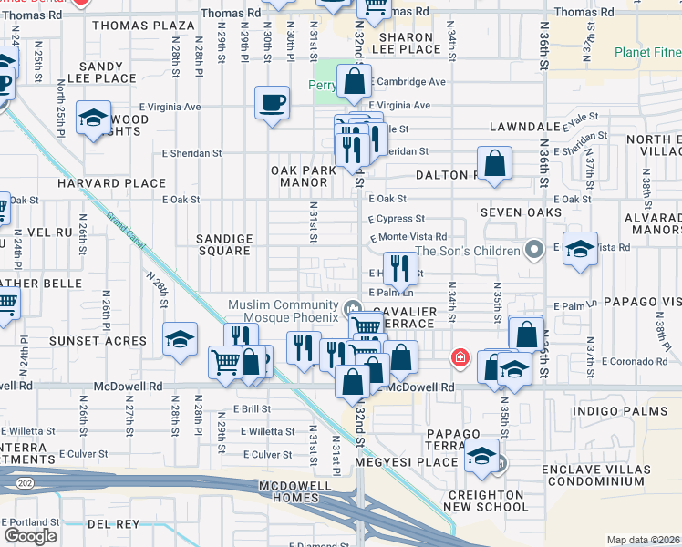map of restaurants, bars, coffee shops, grocery stores, and more near 2020 North 32nd Street in Phoenix