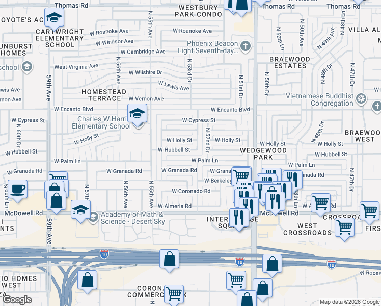 map of restaurants, bars, coffee shops, grocery stores, and more near 5317 West Palm Lane in Phoenix