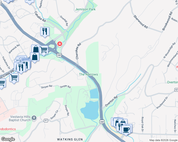 map of restaurants, bars, coffee shops, grocery stores, and more near 3021 U.S. 280 in Birmingham