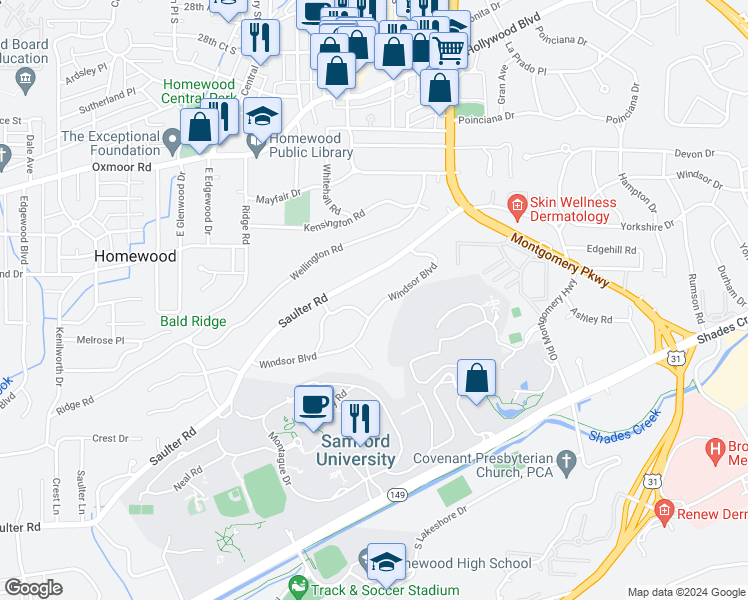 map of restaurants, bars, coffee shops, grocery stores, and more near 1820 Windsor Boulevard in Birmingham