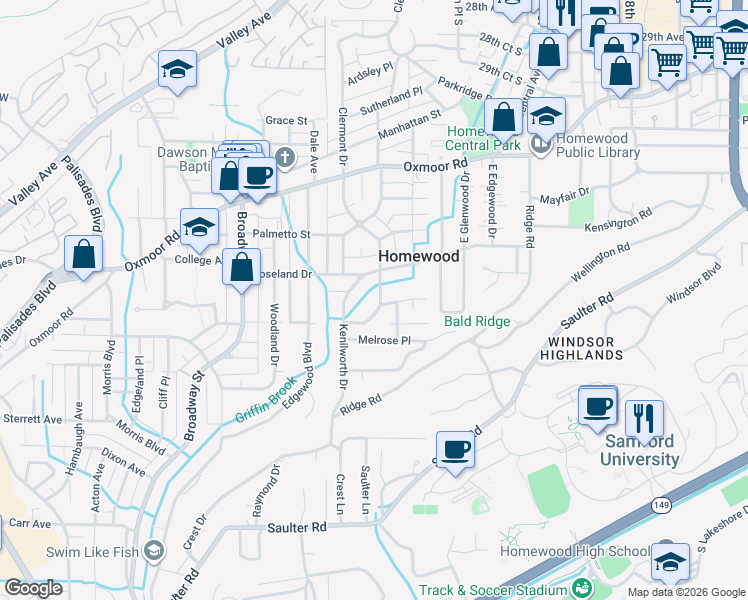 map of restaurants, bars, coffee shops, grocery stores, and more near 320 Laurel Place in Birmingham