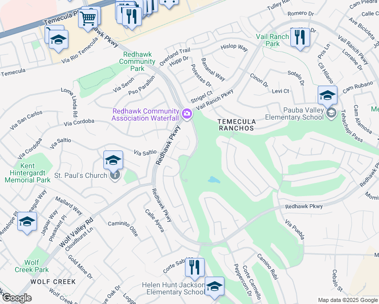 map of restaurants, bars, coffee shops, grocery stores, and more near 45360 Vista Verde in Temecula