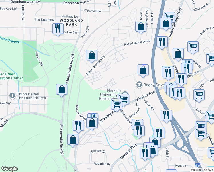 map of restaurants, bars, coffee shops, grocery stores, and more near 4406 Hampton Heights Drive in Birmingham