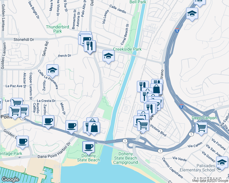 map of restaurants, bars, coffee shops, grocery stores, and more near 25611 Quail-Run in Dana Point