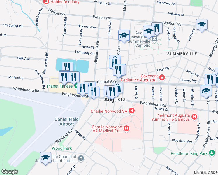 map of restaurants, bars, coffee shops, grocery stores, and more near 2618 Raymond Avenue in Augusta