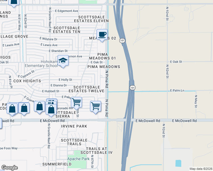 map of restaurants, bars, coffee shops, grocery stores, and more near 2031 North Pima Road in Scottsdale