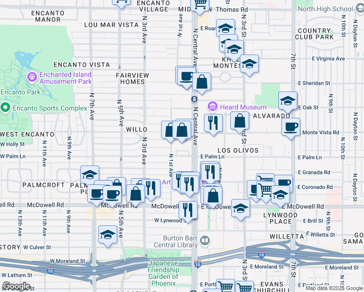 map of restaurants, bars, coffee shops, grocery stores, and more near 2020 North Central Avenue in Phoenix