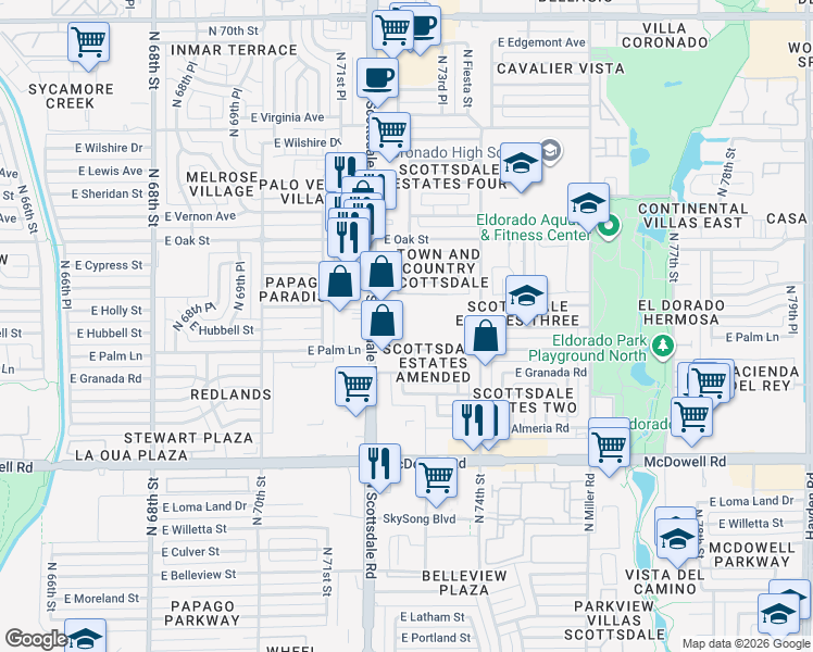 map of restaurants, bars, coffee shops, grocery stores, and more near 1921 North Scottsdale Road in Scottsdale