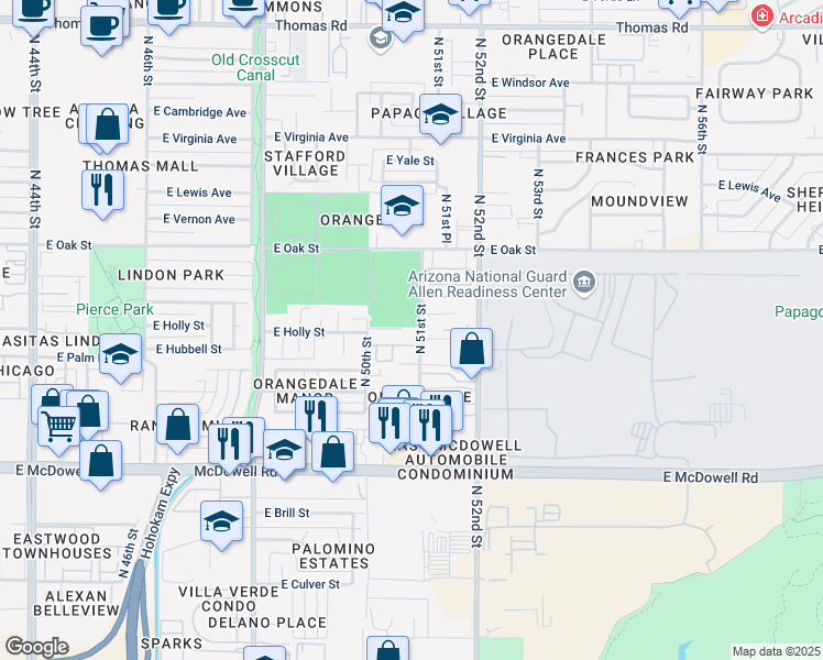 map of restaurants, bars, coffee shops, grocery stores, and more near 2006 North 51st Street in Phoenix
