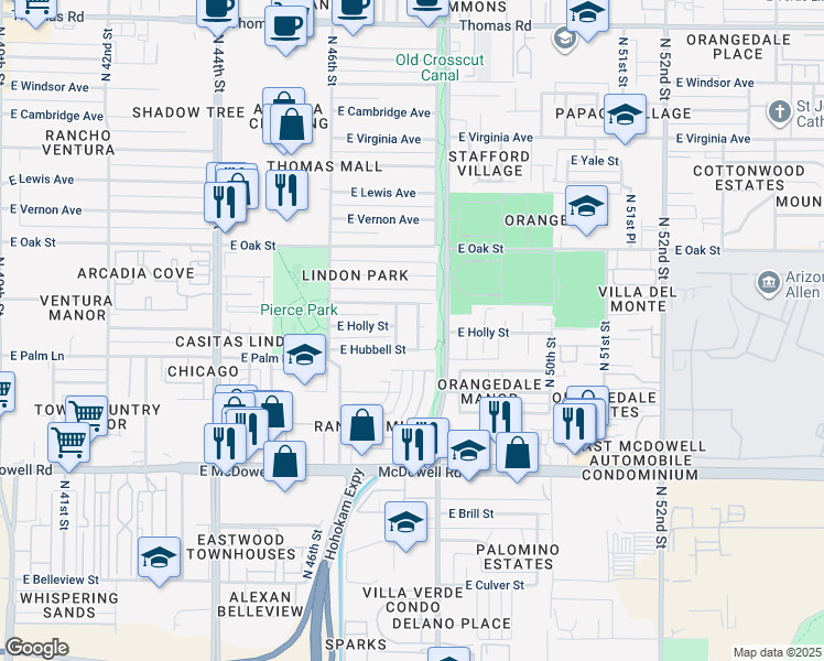 map of restaurants, bars, coffee shops, grocery stores, and more near 4709 East Hubbell Street in Phoenix