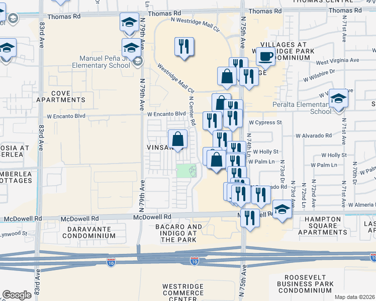 map of restaurants, bars, coffee shops, grocery stores, and more near 7730 West Palm Lane in Phoenix