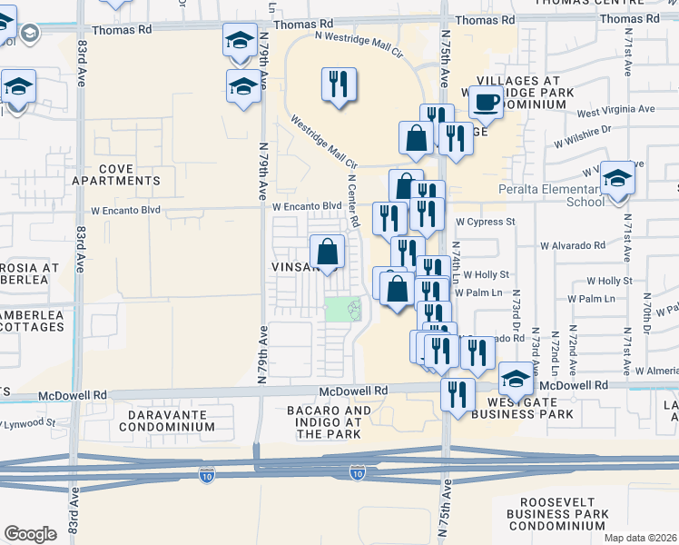 map of restaurants, bars, coffee shops, grocery stores, and more near 1941 North 77th Lane in Phoenix