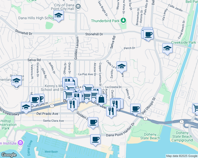 map of restaurants, bars, coffee shops, grocery stores, and more near 33962 Alcazar Drive in Dana Point