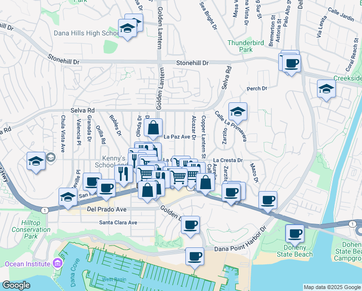 map of restaurants, bars, coffee shops, grocery stores, and more near 33962 Silver Lantern Street in Dana Point
