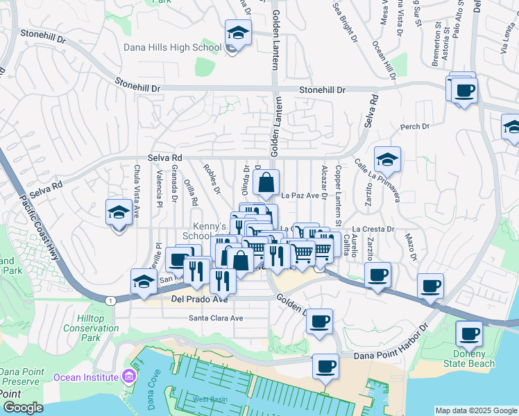 map of restaurants, bars, coffee shops, grocery stores, and more near 24692 Cordova Drive in Dana Point