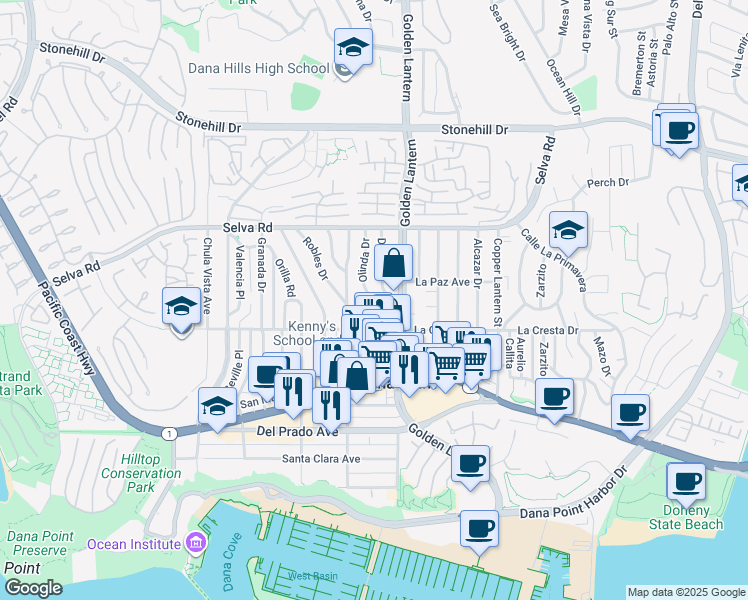 map of restaurants, bars, coffee shops, grocery stores, and more near 24692 Cordova Drive in Dana Point
