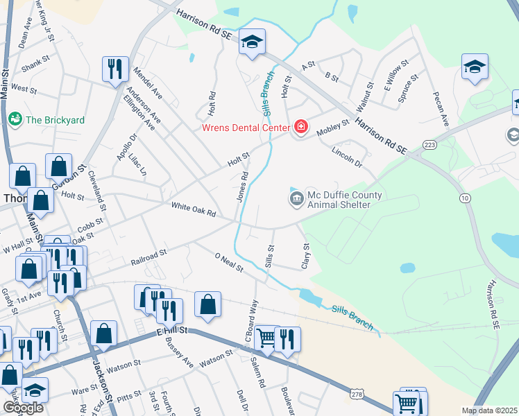 map of restaurants, bars, coffee shops, grocery stores, and more near 704-708 White Oak Road in Thomson